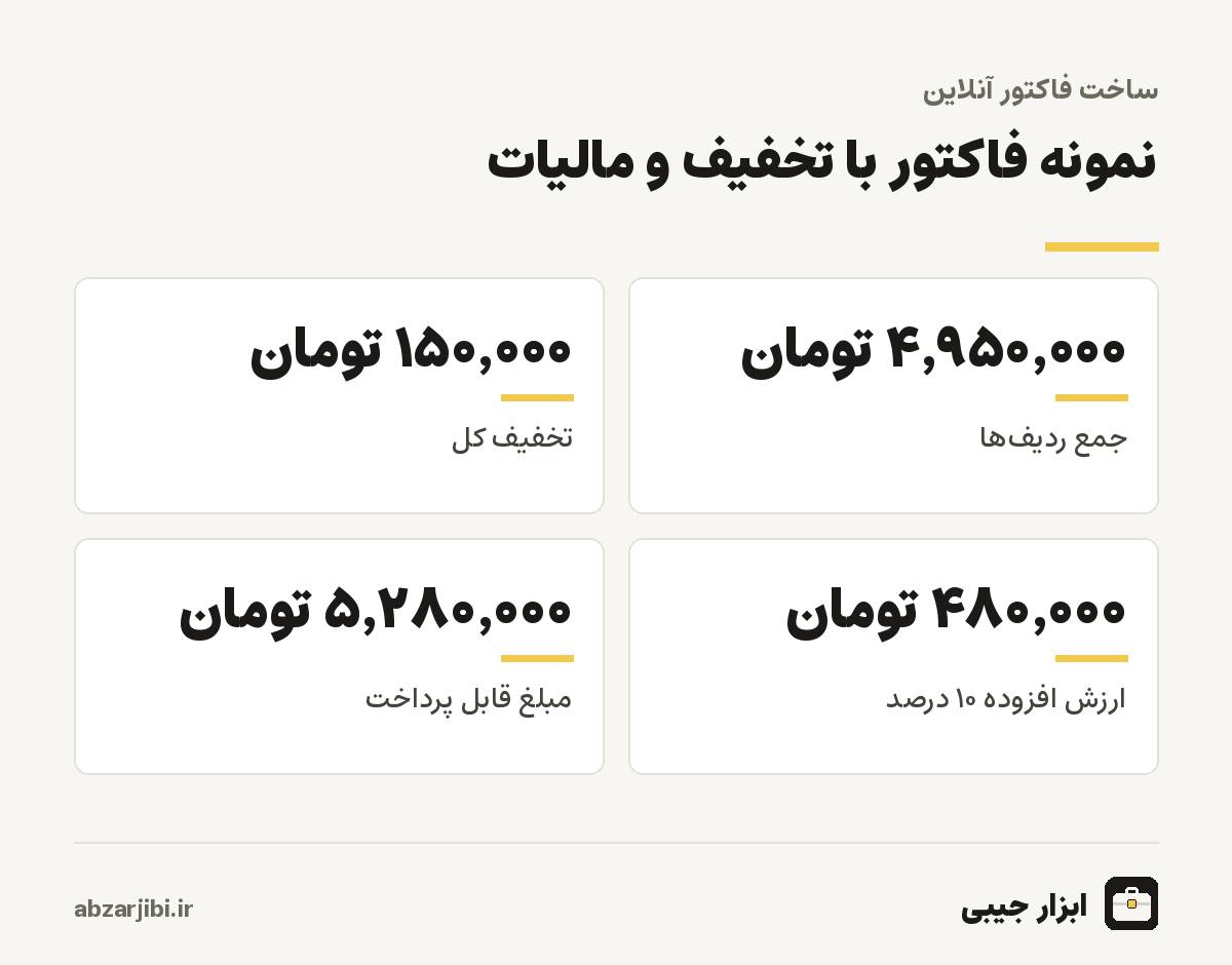 نمونه فاکتور با تخفیف و مالیات
